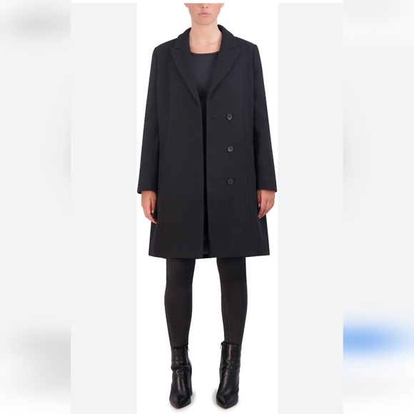 Cole Haan Asymmetric Peak Lapel Wool Polyester Blend Coat Black 14 Luxury Chic
